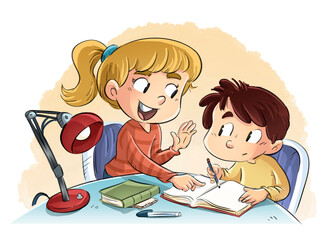 Illustration of a little girl helping another boy with his homework - 520331748