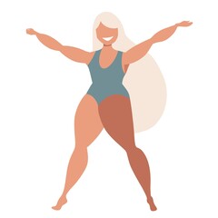 Girl in swimsuits. Happy girl. Body positive. Love your body. Ladie smiling and dancing isolated on white background