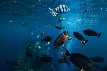 Underwater view with school of tropical fishes in tropical ocean