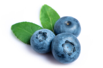 Blueberry isolated. Blueberry with leaves on white. Bilberry on white background. Full depth of field.