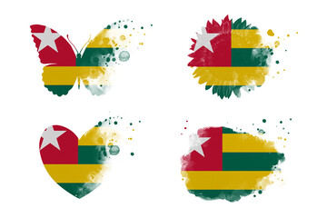 Fototapeta premium Sublimation backgrounds different forms on white background. Artistic shapes set in colors of national flag. Togo