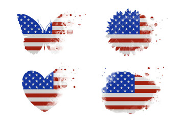 Sublimation backgrounds different forms on white background. Artistic shapes set in colors of national flag. USA