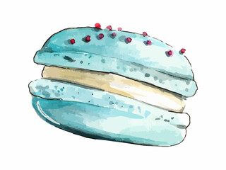 Hand drawn watercolor illustration. Blue macaron.