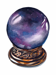 Hand drawn watercolor art. Ancient purple glowing magic ball of predictions. Witchcraft tool. Wizard's inventory. Sphere with portal inside.