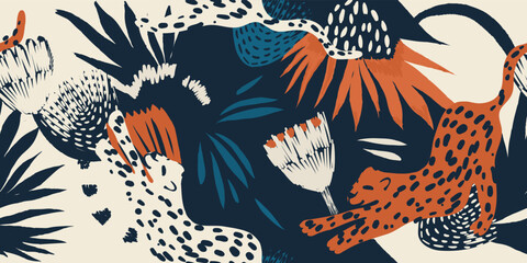 Hand drawn abstract exotic pattern with leopards. Ethnic style collage contemporary seamless pattern. Fashionable template for design. © MURRIRA