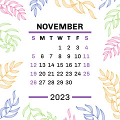 Fototapeta na wymiar November. Calendar 2023. Leaves. Vector leaf. Hand drawn repeating elements. Fashion design print. Natural background