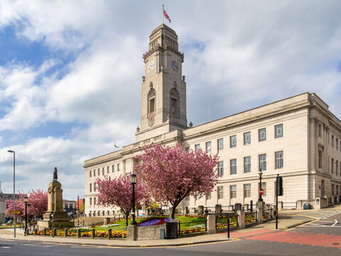 Town Hall in Barnsley, South Yorkshire, on a fine spring morning.