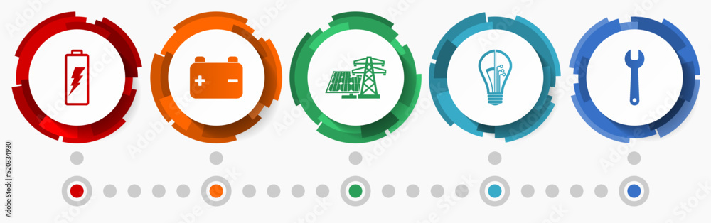 Poster power and energy concept vector icon set, electricity flat design web buttons, infographic template