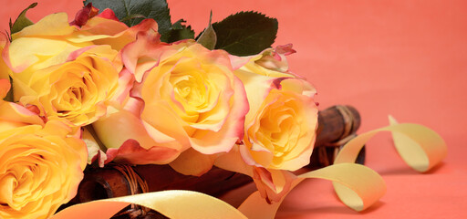 Beautiful yellow rose flowers on orange background