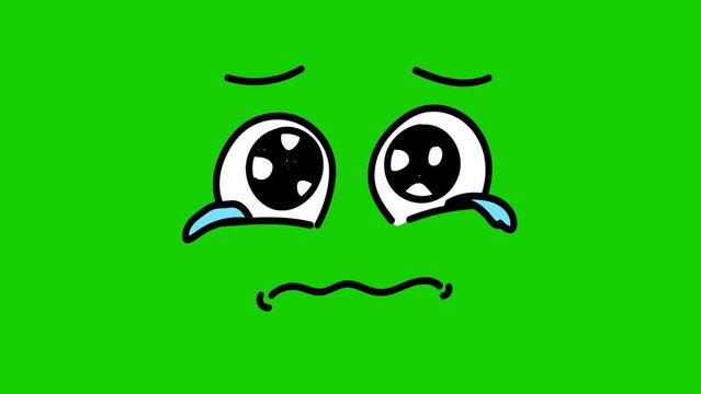 Tearful cartoon face on a green screen. Tearful cartoon face with alpha channel. Key color, color key, alpha channel. 4K video
