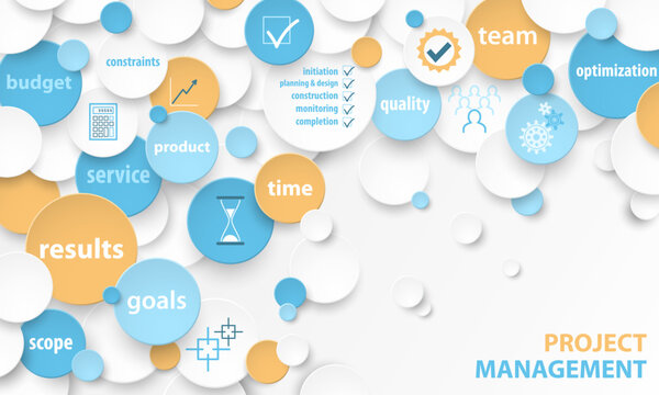 Colorful vector PROJECT MANAGEMENT business concept with keywords and icons on white background