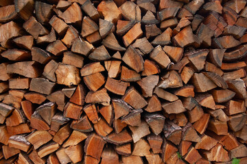 A pile of stacked firewood, prepared for heating the house. Gathering fire wood for winter or bonfire. Man holds fire wood in hand