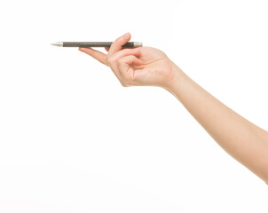 hand holding a pen on a white background isolated