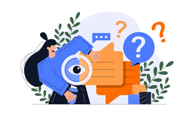 FAQ concept illustration. people looking through magnifying glass at interrogation point. searching solutions, useful information, customer support, solving problem. Vector illustration