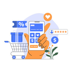 Mobile Payment. Smartphone with Online Payment. Credit card on screen phone. Online shopping. NFC payments. Banking, Finance app and e-payment. Vector illustration