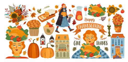 Happy Thanksgiving. Set of isolated vector illustrations for card, poster, flyer, web and other