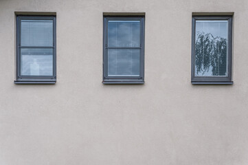 The wall of the house with three windows on it