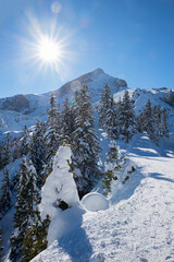view from skiiing area Kreuzeck Garmisch, to Alpspitze mountain in winter