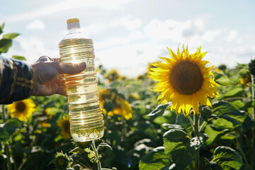 Male hand holding a plastic bottle of fresh yellow sunflower oil on a blooming field background.