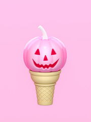 Pink Halloween pumpkin in waffle cones on pastel background 3d rendering. 3d illustration sweet pumpkin for celebration Halloween event template minimal style concept.