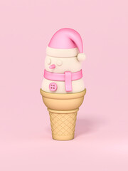 Outstanding cute pink snowman with waffle cones on red background 3d rendering. 3d illustration celebration christmas and cute new year sale concept. Winter season.