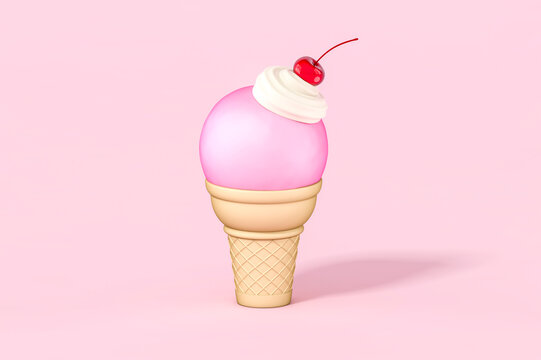 Pink ice cream with cherry and whipped cream in waffle cones on pastel backgrounds 3d rendering. 3d illustration american sundae swirl, Summer fast food frozen dessert minimal concept.
