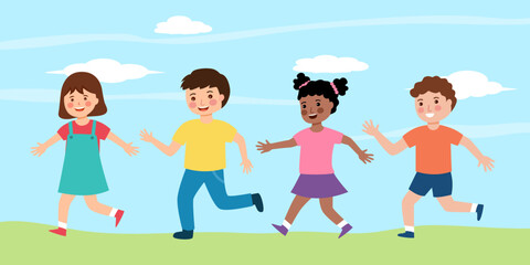 Happy children playing outside in flat design.