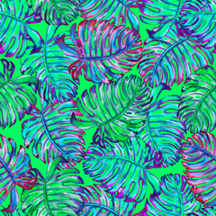 Monstera leaves seamless pattern. Neon disco colors endless background. Bright summer cyberpunk design. Psychedelic colors of the jungle plant. Ellectro jungle modern print.	