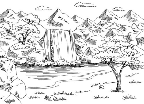Waterfall desert graphic black white landscape sketch illustration vector