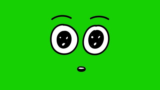 Confused happy cartoon face on a green screen. Confused happy cartoon face with alpha channel. Key color, color key, alpha channel. 4K video