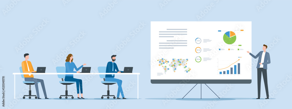 Leinwandbilder flat vector business team meeting and training collaboration with business man presentation infograp