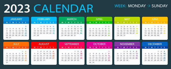 Vector template of color 2023 calendar - Monday to Sunday