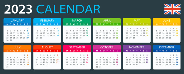 Vector template of color 2023 calendar - English version