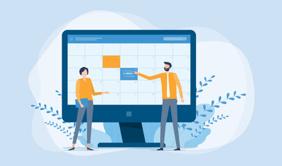 Flat vector illustration design Business online meeting planning concept and Business people team working with digital online calendar