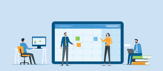 Flat vector illustration design Business online meeting planning concept and Business people team working with digital online calendar