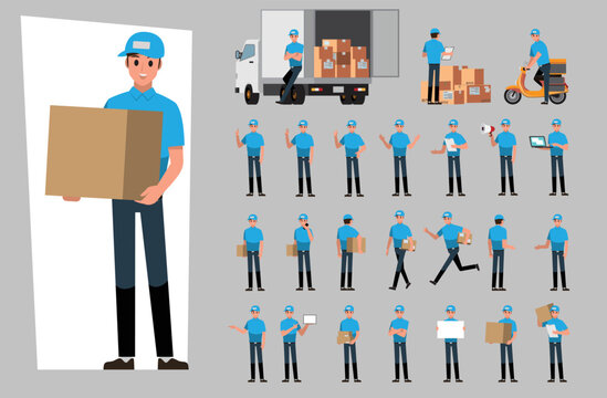 Delivery Service Man , Vector Cartoon Character Set