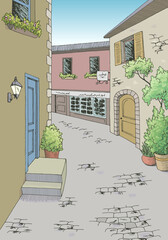 Old Europe street road graphic color city vertical landscape sketch illustration vector 
