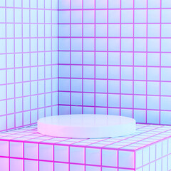 Round podium in interior of mini tiles in neon pink and purple light. Trendy stylish 3D rendering.
