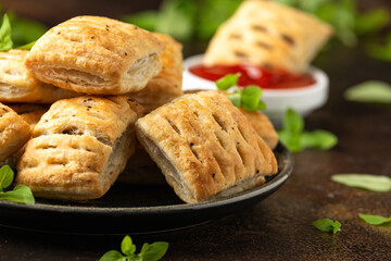 Mini beef patties with vegetables and red wine wrapped in puff pastry