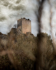 Landscape of the ruined castle of Otiñar in Jaén among some dry bush branches.