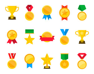 Collection of golden medals, cups. Awards and trophies with red ribbon. Champion medals for winners. Vector illustration.