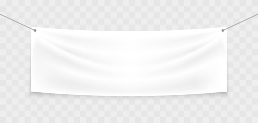 White textile banner on the ropes. Blank realistic stretched banner with folds. Mockup hanging advertising banner. Outdoor poster for promotion, marketing and advertising. Vector illustration.