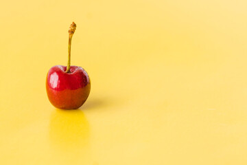 Sweet berry red juicy cherry on a yellow background. One red cherry with