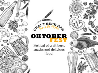Vector illustration of Oktoberfest banner template in engraving style. Graphic linear cups and glasses of beer, hops, spikelets, pretzel, sausages, garlic, snack board, fish, sausages, chips, bottle