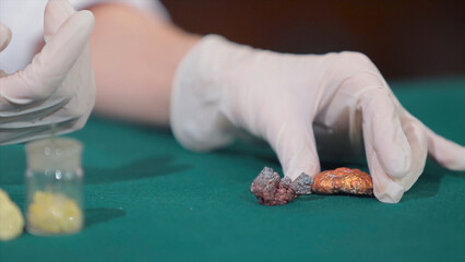 Scientist or archaeologist holding stones or minerals in hands. People with samples of archeology...