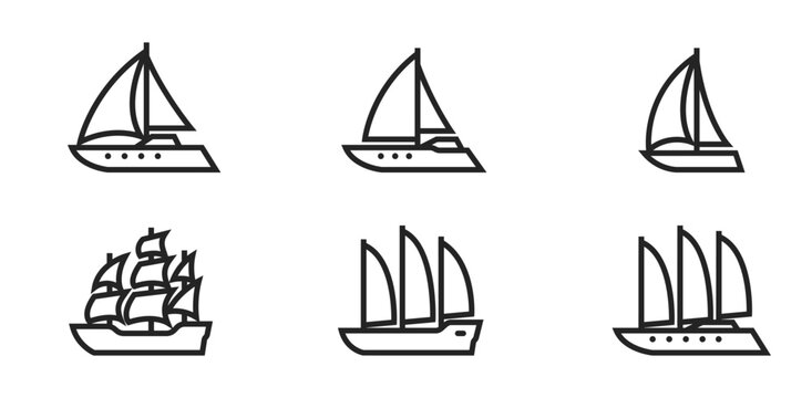 sailing ship line icon set. sail vessel symbols. isolated vector images