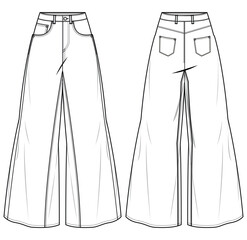 Women Flared Denim, Wide Leg Jeans, Jeans Front and Back View fashion illustration vector, CAD, technical drawing, flat drawing.