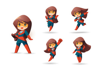 Red Blue little Super Hero Girl long hair Mascot Character Set	 - obrazy, fototapety, plakaty
