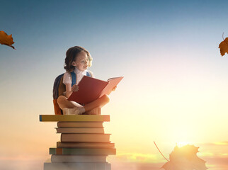 child on the tower of books