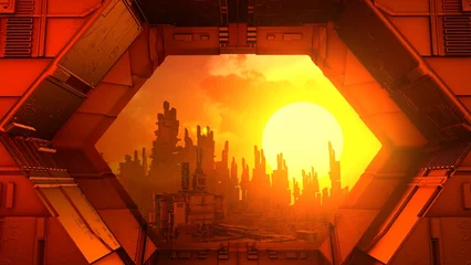 Rolgordijnen Futuristic architecture rendering. Science fiction cityscape in sunset colors. 3D rendering © CROCOTHERY